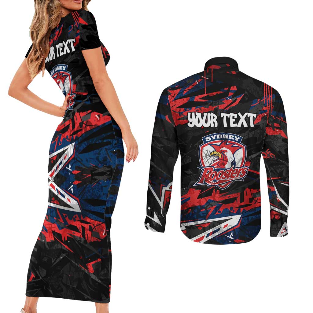 Personalized Sydney Roosters Couples Matching Short Sleeve Bodycon Dress and Long Sleeve Button Shirt Graffiti Grunge Abstract Urban Street Style Design