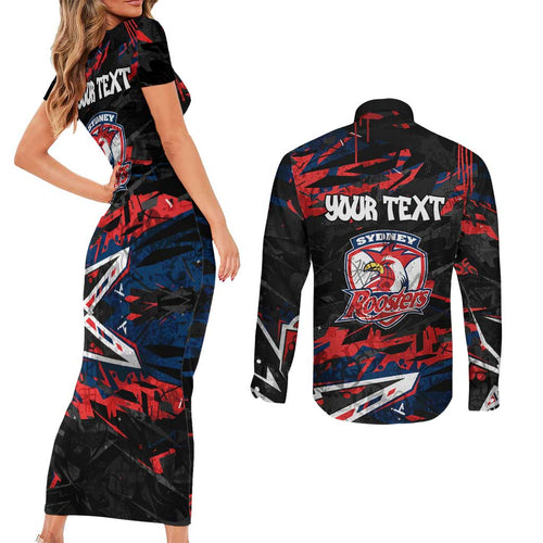 Personalized Sydney Roosters Couples Matching Short Sleeve Bodycon Dress and Long Sleeve Button Shirt Graffiti Grunge Abstract Urban Street Style Design