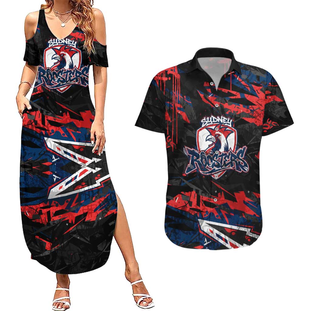Personalized Sydney Roosters Couples Matching Summer Maxi Dress and Hawaiian Shirt Graffiti Grunge Abstract Urban Street Style Design