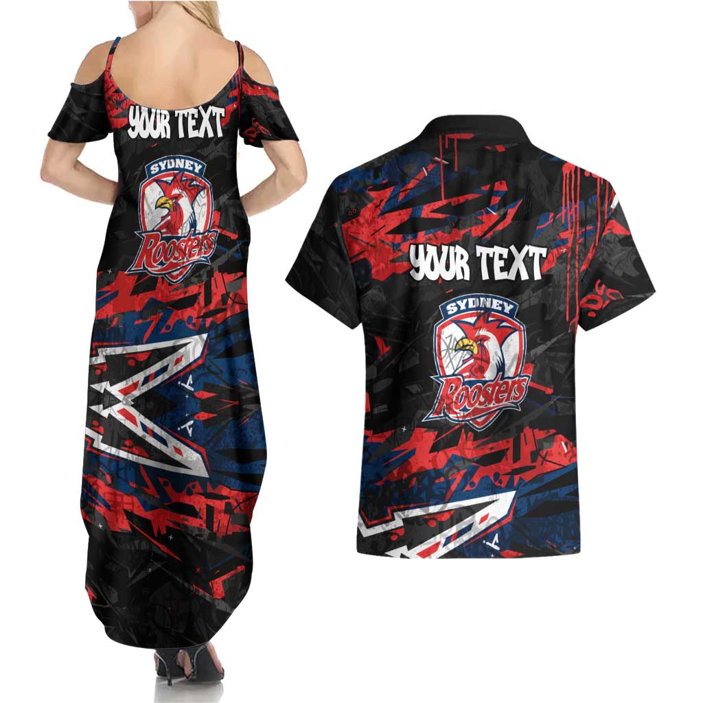 Personalized Sydney Roosters Couples Matching Summer Maxi Dress and Hawaiian Shirt Graffiti Grunge Abstract Urban Street Style Design