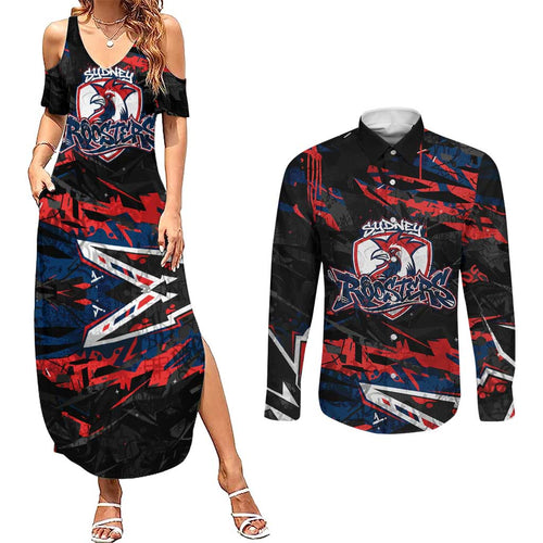 Personalized Sydney Roosters Couples Matching Summer Maxi Dress and Long Sleeve Button Shirt Graffiti Grunge Abstract Urban Street Style Design