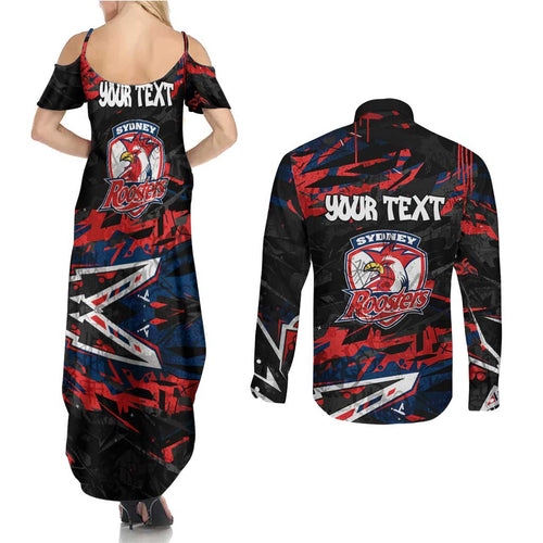 Personalized Sydney Roosters Couples Matching Summer Maxi Dress and Long Sleeve Button Shirt Graffiti Grunge Abstract Urban Street Style Design