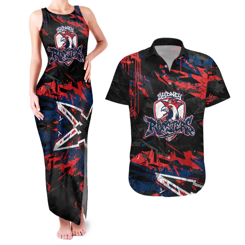 Personalized Sydney Roosters Couples Matching Tank Maxi Dress and Hawaiian Shirt Graffiti Grunge Abstract Urban Street Style Design