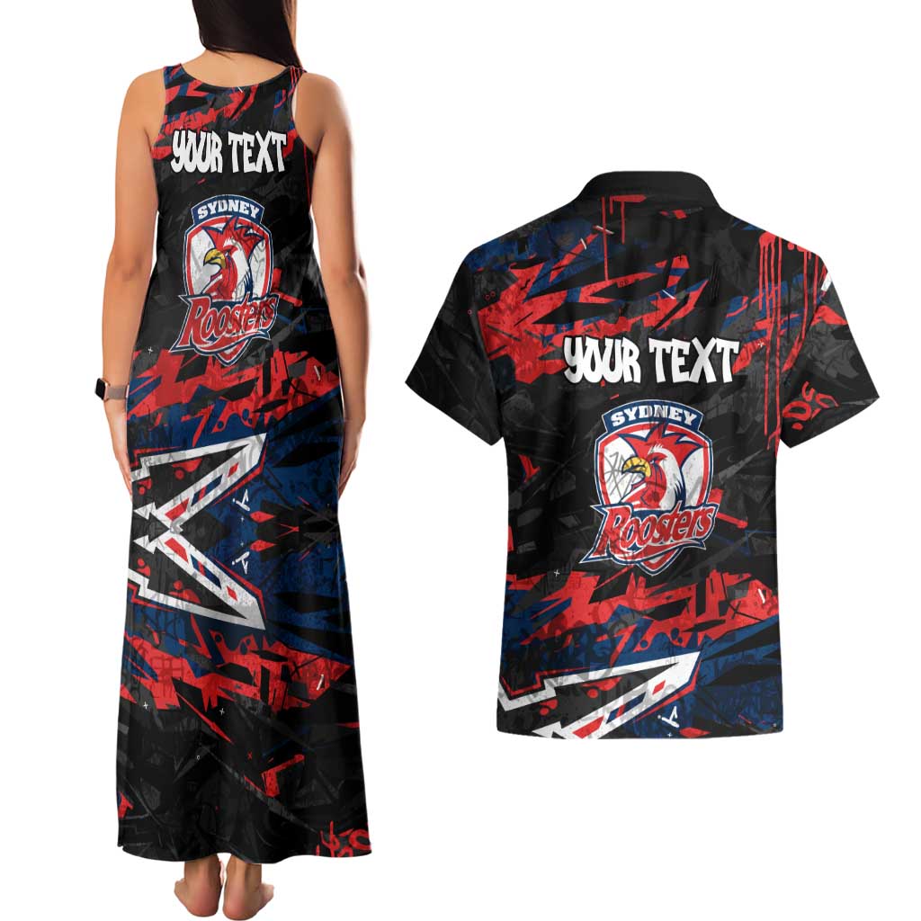Personalized Sydney Roosters Couples Matching Tank Maxi Dress and Hawaiian Shirt Graffiti Grunge Abstract Urban Street Style Design