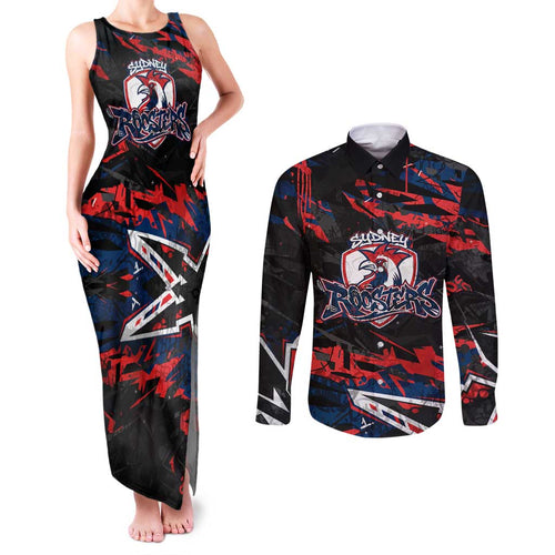 Personalized Sydney Roosters Couples Matching Tank Maxi Dress and Long Sleeve Button Shirt Graffiti Grunge Abstract Urban Street Style Design