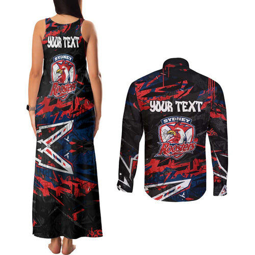 Personalized Sydney Roosters Couples Matching Tank Maxi Dress and Long Sleeve Button Shirt Graffiti Grunge Abstract Urban Street Style Design