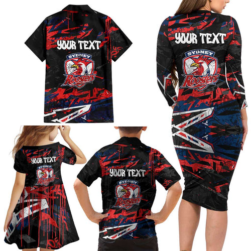 Personalized Sydney Roosters Family Matching Long Sleeve Bodycon Dress and Hawaiian Shirt Graffiti Grunge Abstract Urban Street Style Design