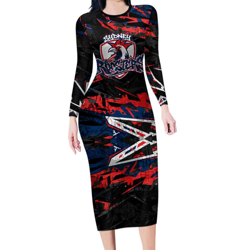 Personalized Sydney Roosters Family Matching Long Sleeve Bodycon Dress and Hawaiian Shirt Graffiti Grunge Abstract Urban Street Style Design