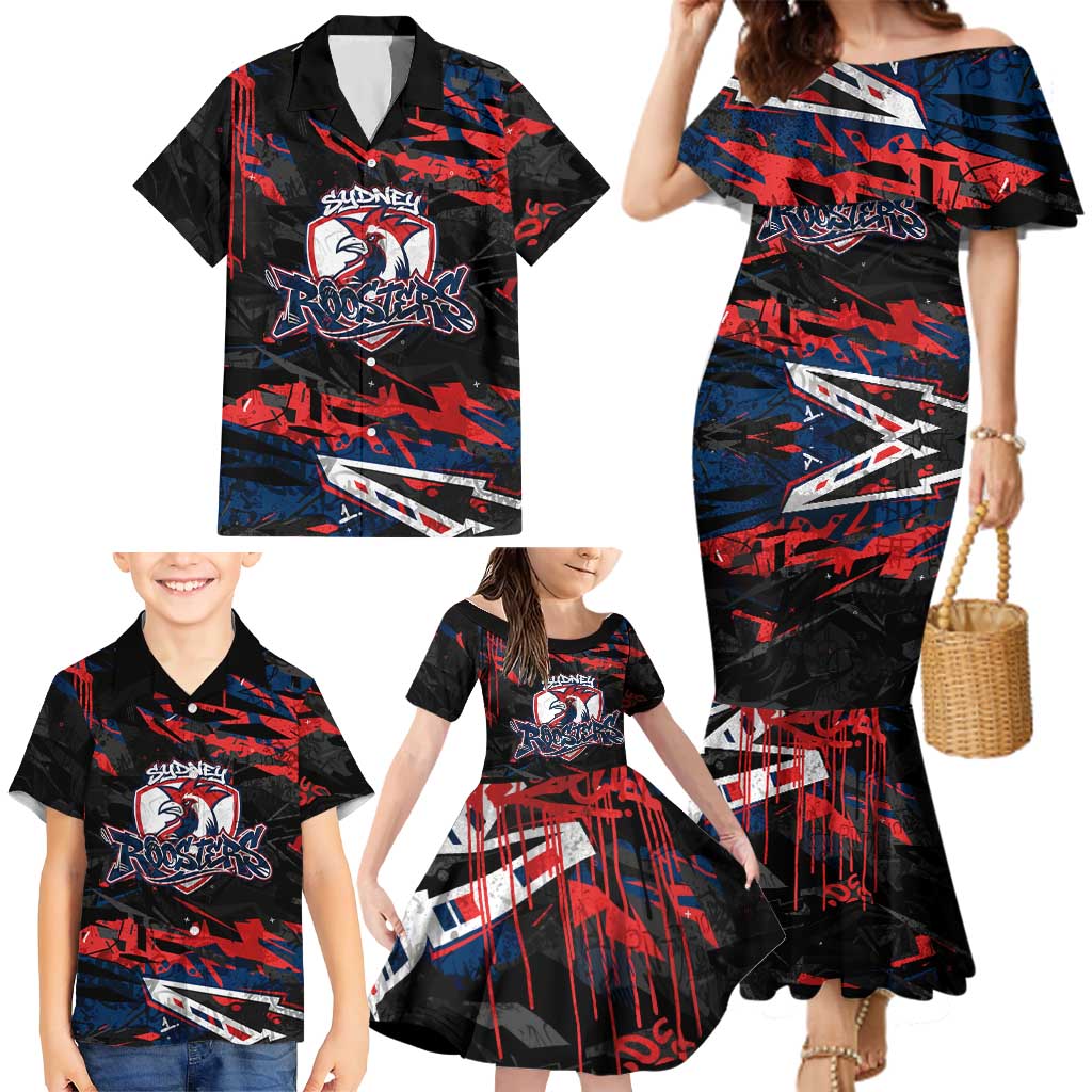 Personalized Sydney Roosters Family Matching Mermaid Dress and Hawaiian Shirt Graffiti Grunge Abstract Urban Street Style Design