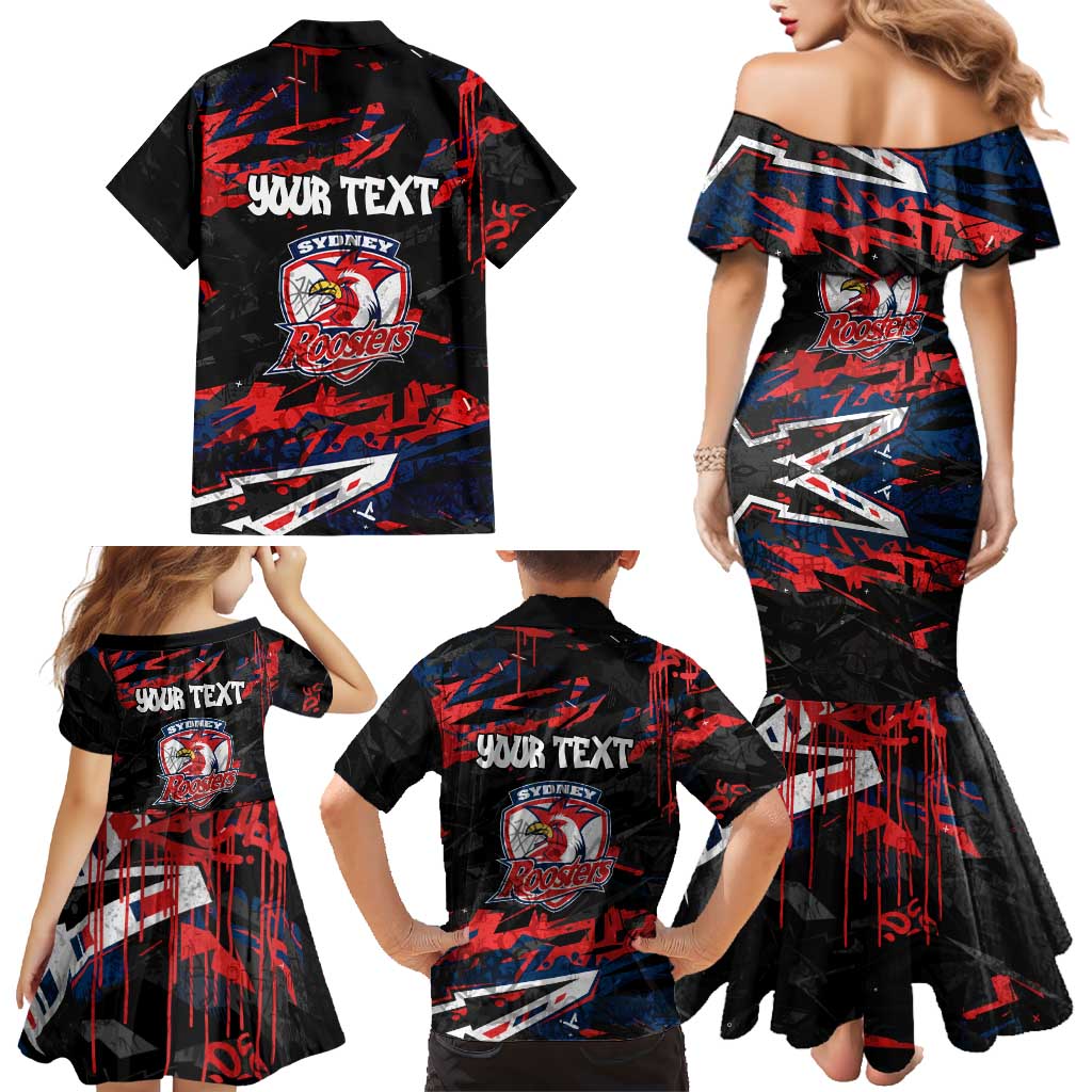 Personalized Sydney Roosters Family Matching Mermaid Dress and Hawaiian Shirt Graffiti Grunge Abstract Urban Street Style Design