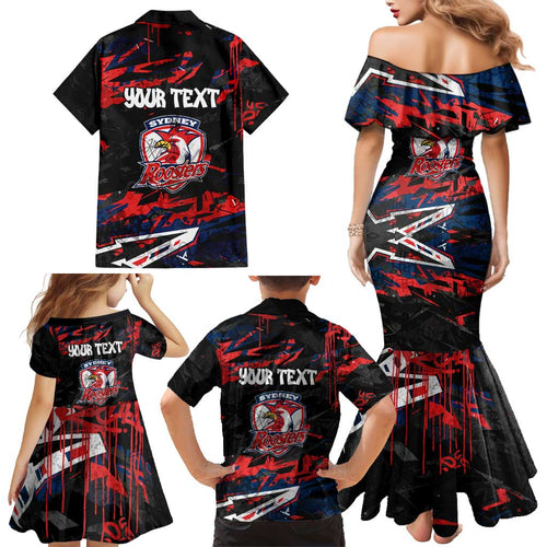 Personalized Sydney Roosters Family Matching Mermaid Dress and Hawaiian Shirt Graffiti Grunge Abstract Urban Street Style Design