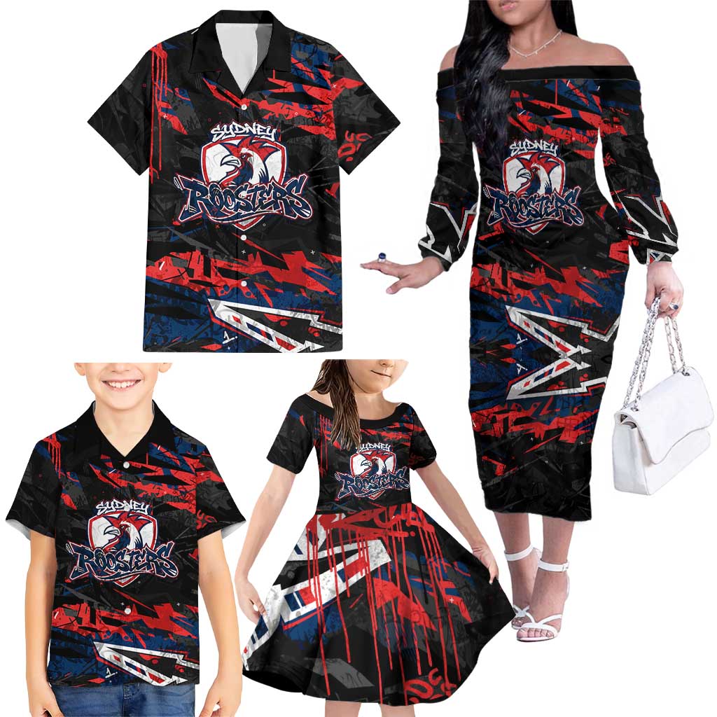 Personalized Sydney Roosters Family Matching Off The Shoulder Long Sleeve Dress and Hawaiian Shirt Graffiti Grunge Abstract Urban Street Style Design