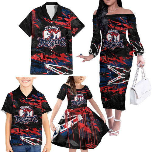 Personalized Sydney Roosters Family Matching Off The Shoulder Long Sleeve Dress and Hawaiian Shirt Graffiti Grunge Abstract Urban Street Style Design