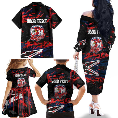 Personalized Sydney Roosters Family Matching Off The Shoulder Long Sleeve Dress and Hawaiian Shirt Graffiti Grunge Abstract Urban Street Style Design