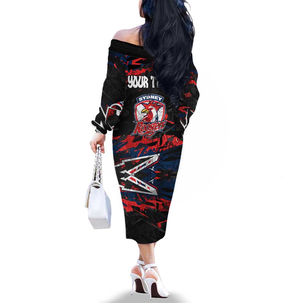 Personalized Sydney Roosters Family Matching Off The Shoulder Long Sleeve Dress and Hawaiian Shirt Graffiti Grunge Abstract Urban Street Style Design