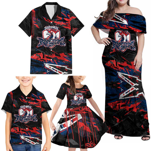Personalized Sydney Roosters Family Matching Off Shoulder Maxi Dress and Hawaiian Shirt Graffiti Grunge Abstract Urban Street Style Design