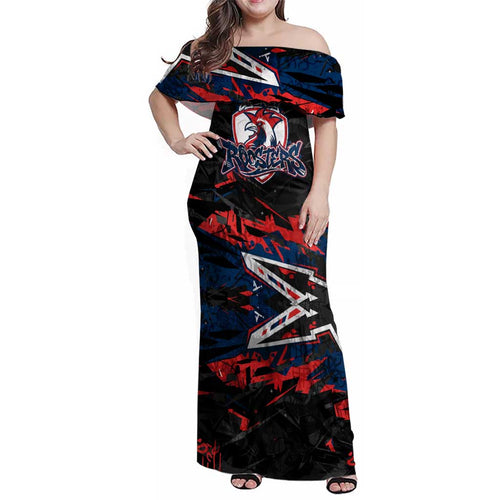 Personalized Sydney Roosters Family Matching Off Shoulder Maxi Dress and Hawaiian Shirt Graffiti Grunge Abstract Urban Street Style Design