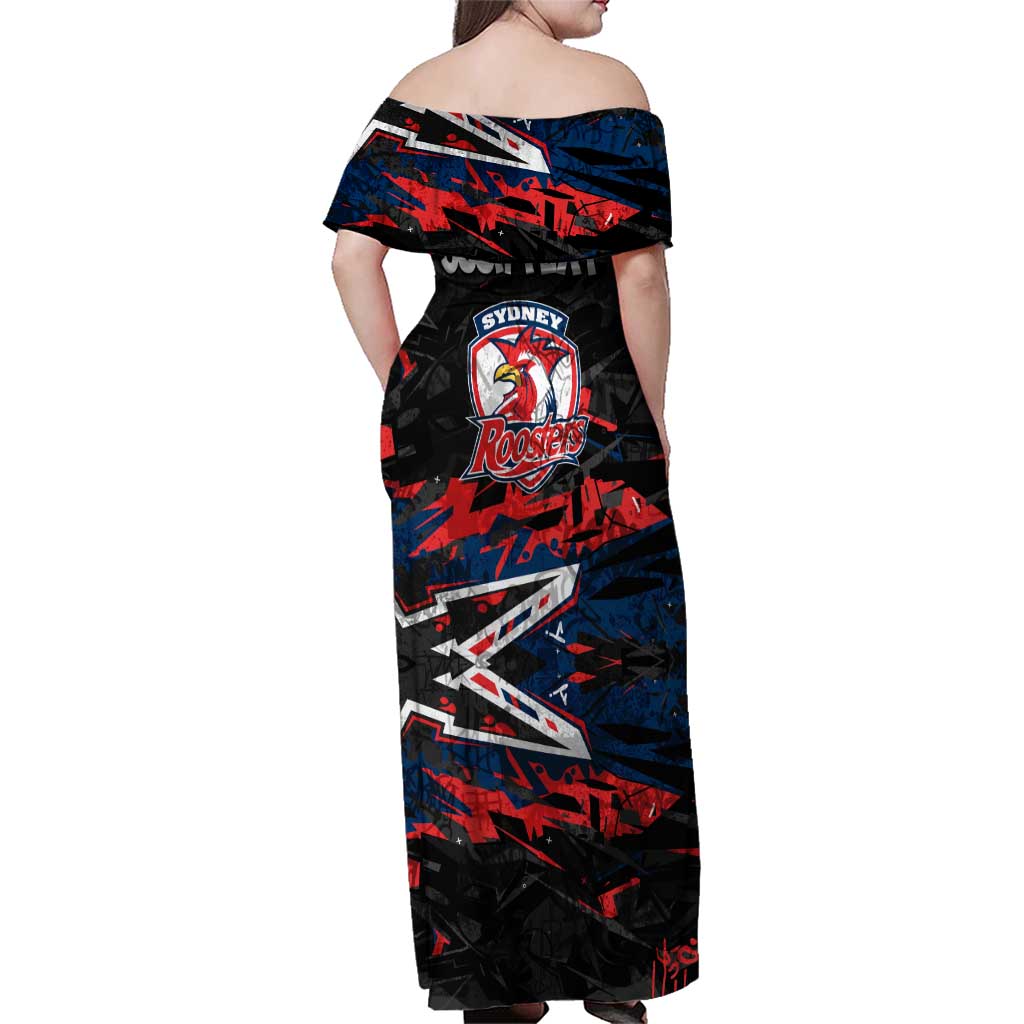 Personalized Sydney Roosters Family Matching Off Shoulder Maxi Dress and Hawaiian Shirt Graffiti Grunge Abstract Urban Street Style Design