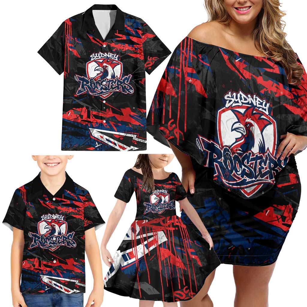 Personalized Sydney Roosters Family Matching Off Shoulder Short Dress and Hawaiian Shirt Graffiti Grunge Abstract Urban Street Style Design