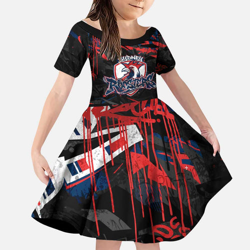 Personalized Sydney Roosters Family Matching Off Shoulder Short Dress and Hawaiian Shirt Graffiti Grunge Abstract Urban Street Style Design