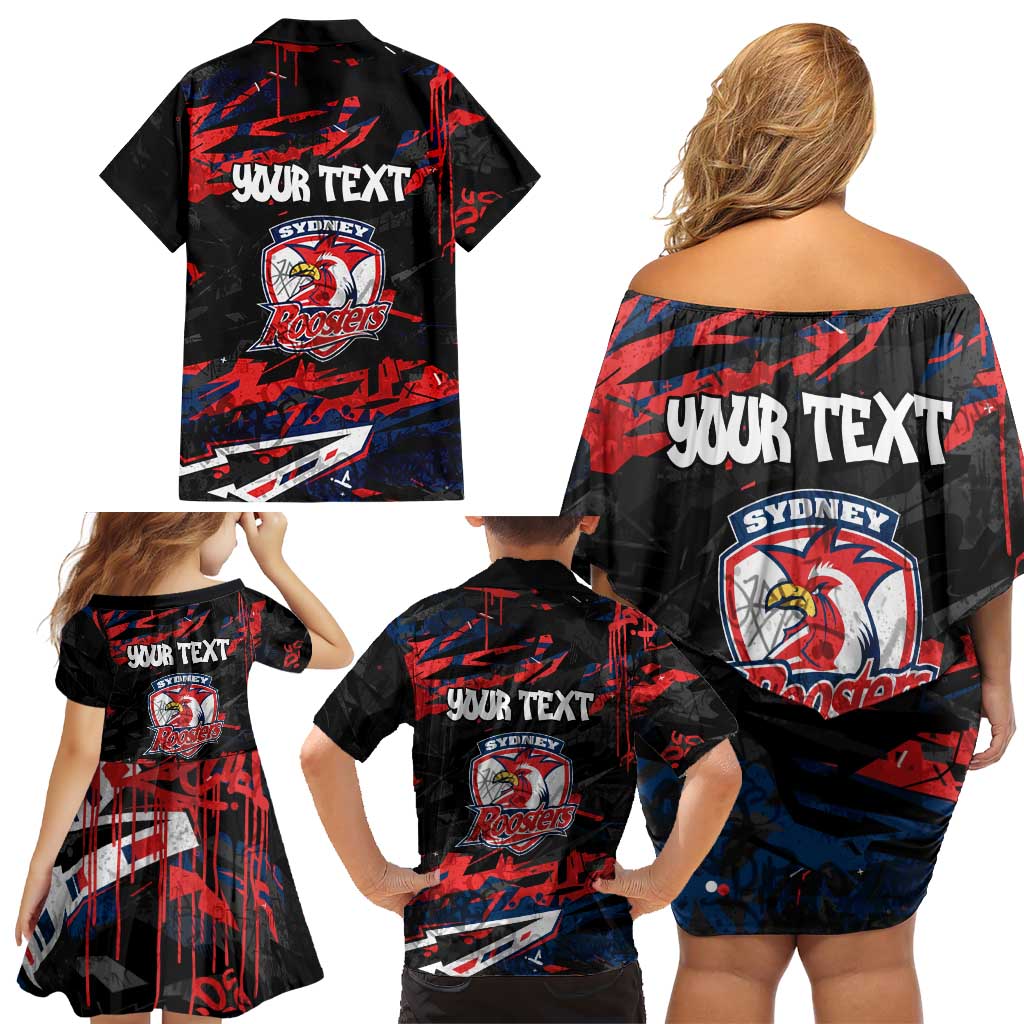 Personalized Sydney Roosters Family Matching Off Shoulder Short Dress and Hawaiian Shirt Graffiti Grunge Abstract Urban Street Style Design
