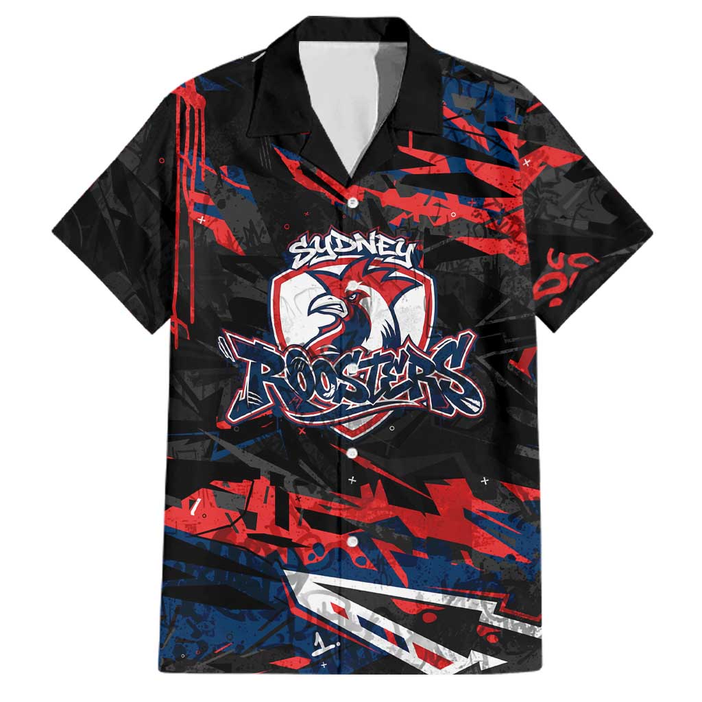 Personalized Sydney Roosters Family Matching Off Shoulder Short Dress and Hawaiian Shirt Graffiti Grunge Abstract Urban Street Style Design