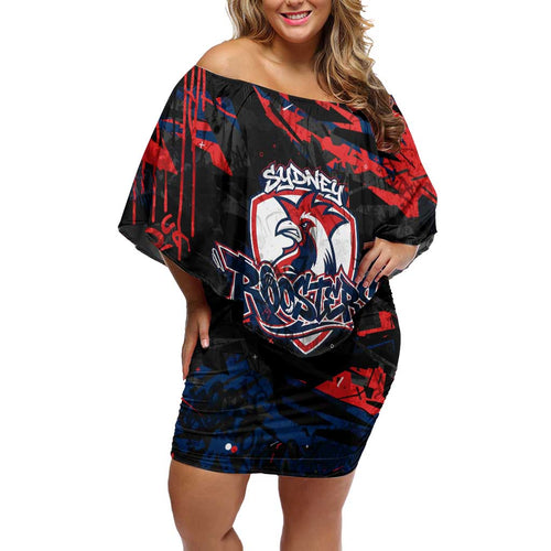 Personalized Sydney Roosters Family Matching Off Shoulder Short Dress and Hawaiian Shirt Graffiti Grunge Abstract Urban Street Style Design