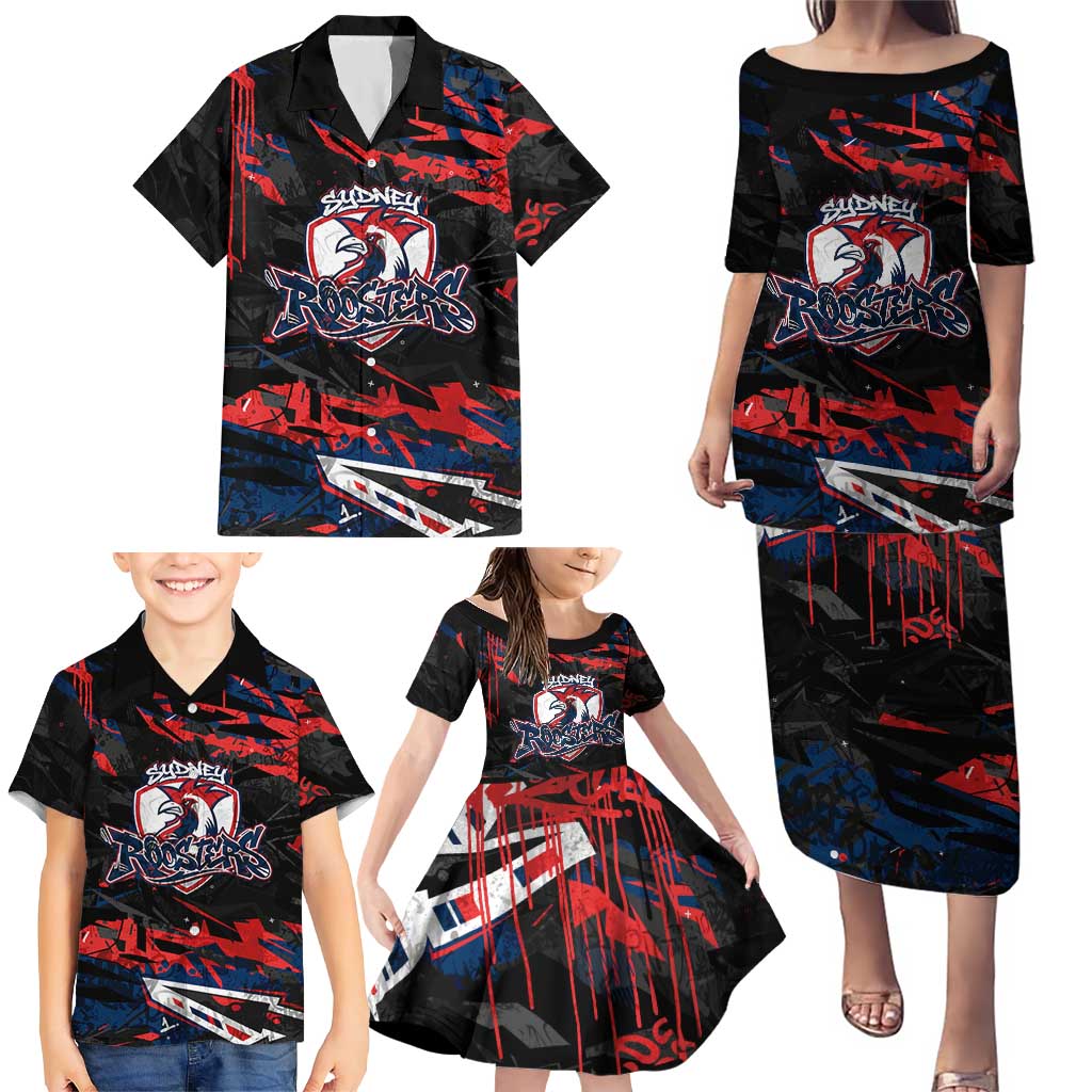 Personalized Sydney Roosters Family Matching Puletasi and Hawaiian Shirt Graffiti Grunge Abstract Urban Street Style Design