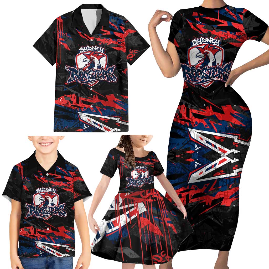 Personalized Sydney Roosters Family Matching Short Sleeve Bodycon Dress and Hawaiian Shirt Graffiti Grunge Abstract Urban Street Style Design