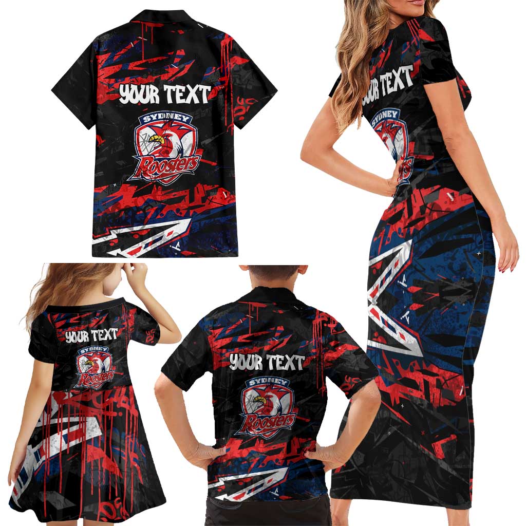 Personalized Sydney Roosters Family Matching Short Sleeve Bodycon Dress and Hawaiian Shirt Graffiti Grunge Abstract Urban Street Style Design