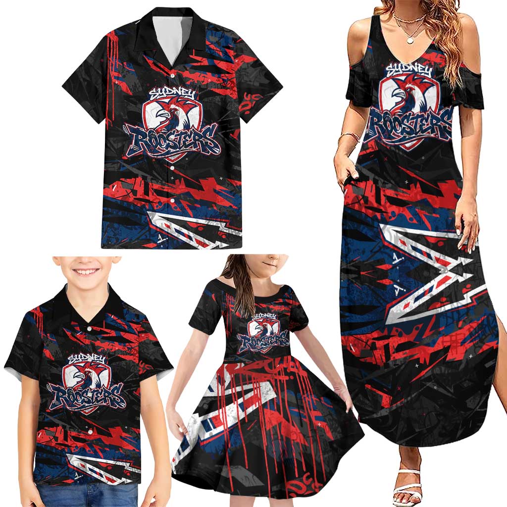 Personalized Sydney Roosters Family Matching Summer Maxi Dress and Hawaiian Shirt Graffiti Grunge Abstract Urban Street Style Design
