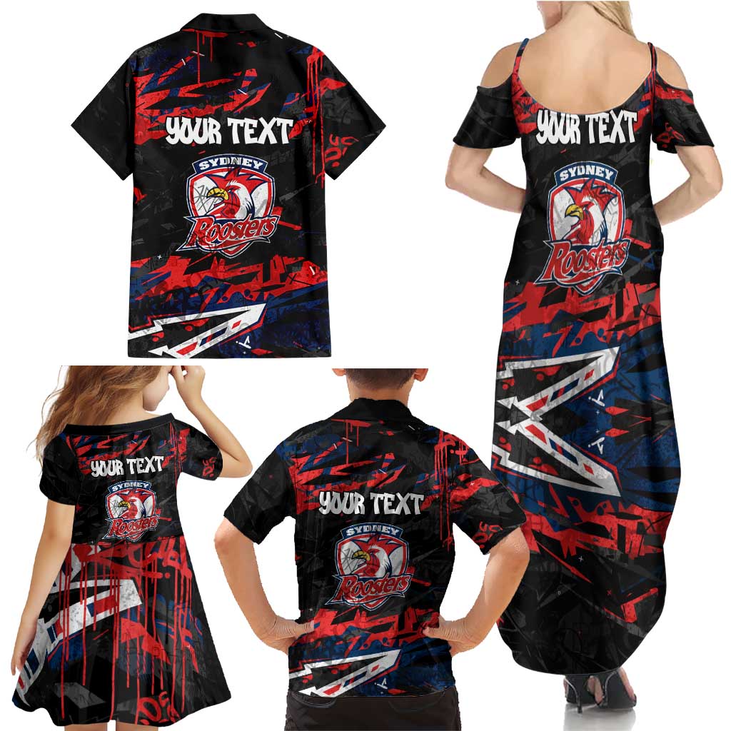 Personalized Sydney Roosters Family Matching Summer Maxi Dress and Hawaiian Shirt Graffiti Grunge Abstract Urban Street Style Design