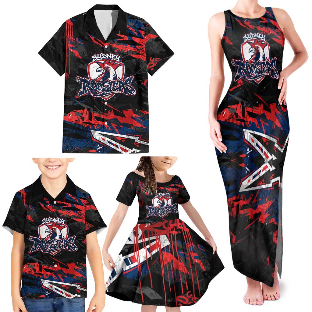 Personalized Sydney Roosters Family Matching Tank Maxi Dress and Hawaiian Shirt Graffiti Grunge Abstract Urban Street Style Design