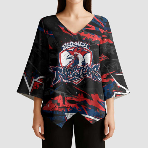 Personalized Sydney Roosters Kimono Sleeve Blouse Graffiti Grunge Abstract Urban Street Style Design