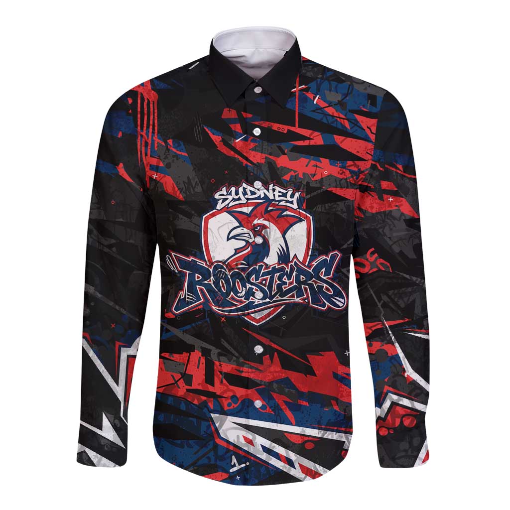 Personalized Sydney Roosters Long Sleeve Button Shirt Graffiti Grunge Abstract Urban Street Style Design