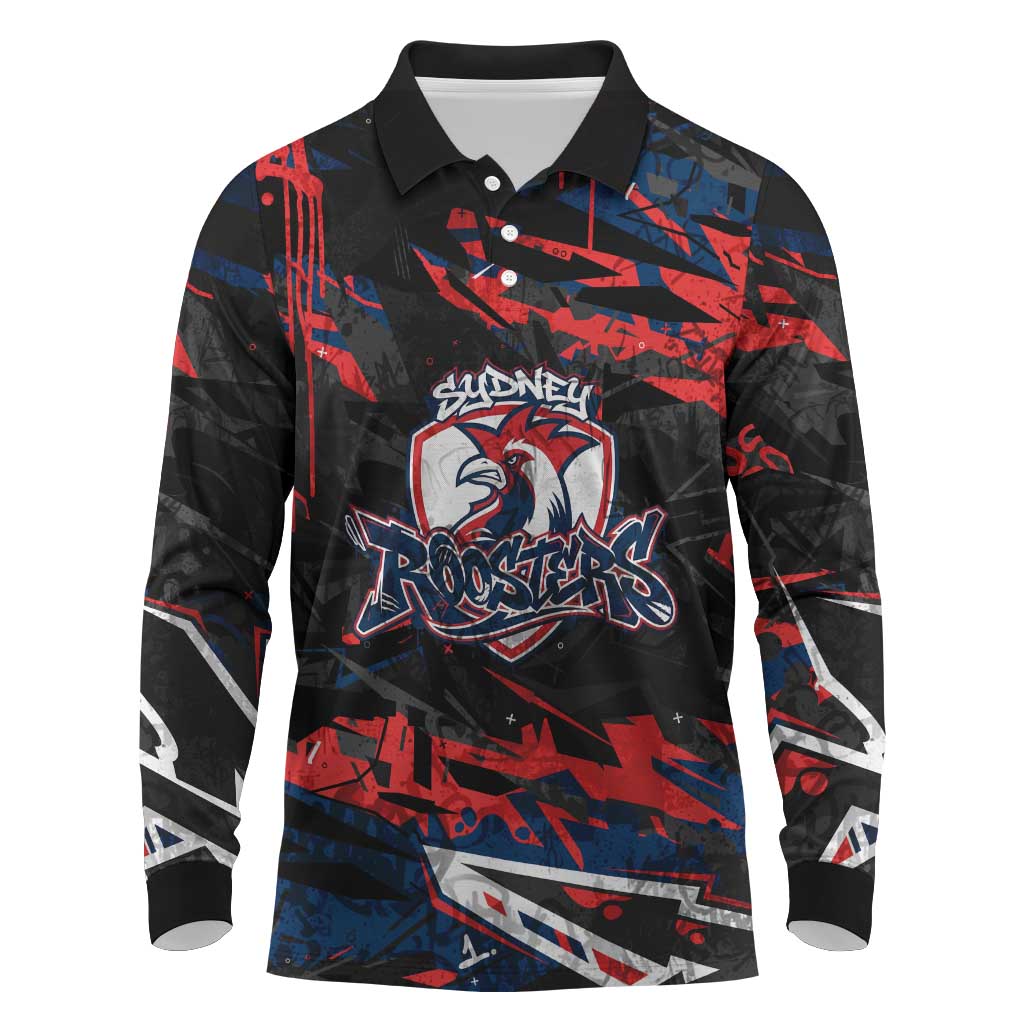 Personalized Sydney Roosters Long Sleeve Polo Shirt Graffiti Grunge Abstract Urban Street Style Design