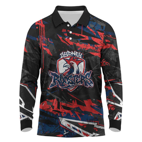 Personalized Sydney Roosters Long Sleeve Polo Shirt Graffiti Grunge Abstract Urban Street Style Design