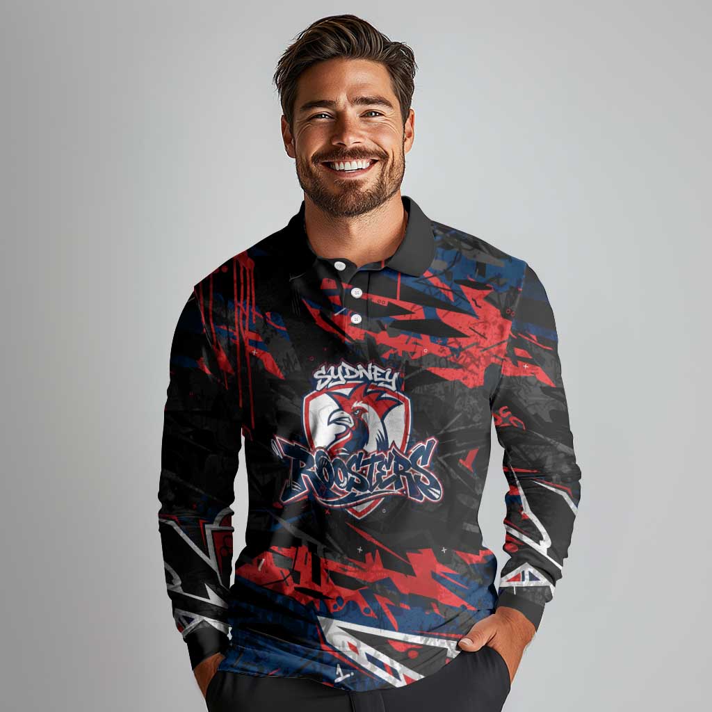 Personalized Sydney Roosters Long Sleeve Polo Shirt Graffiti Grunge Abstract Urban Street Style Design