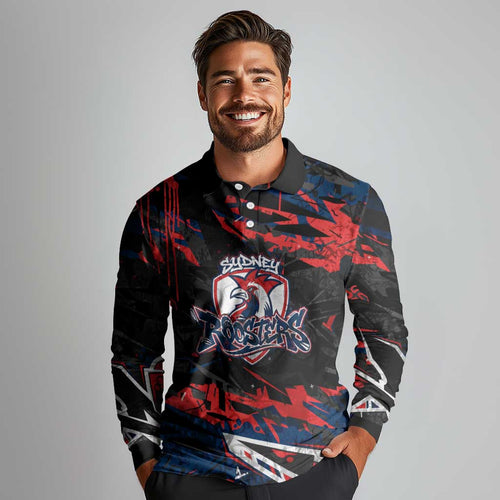 Personalized Sydney Roosters Long Sleeve Polo Shirt Graffiti Grunge Abstract Urban Street Style Design