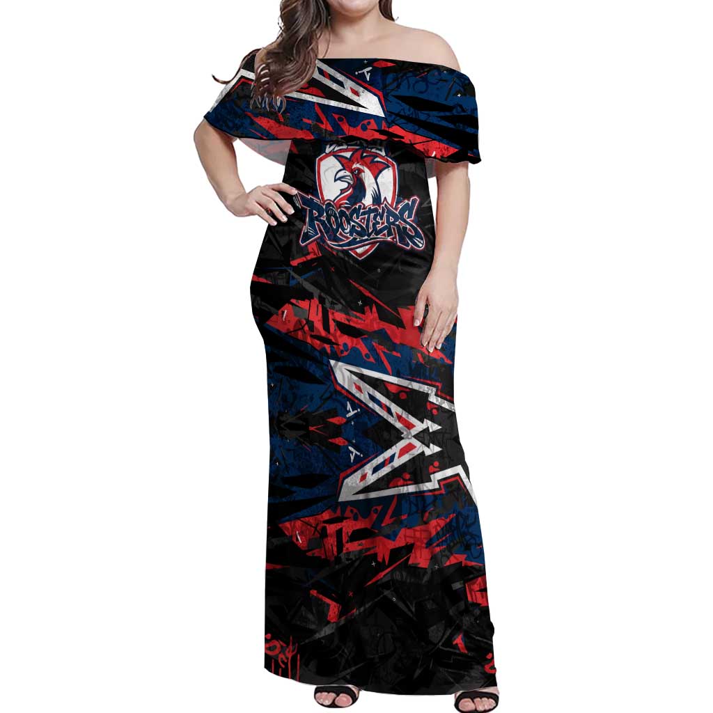 Personalized Sydney Roosters Off Shoulder Maxi Dress Graffiti Grunge Abstract Urban Street Style Design