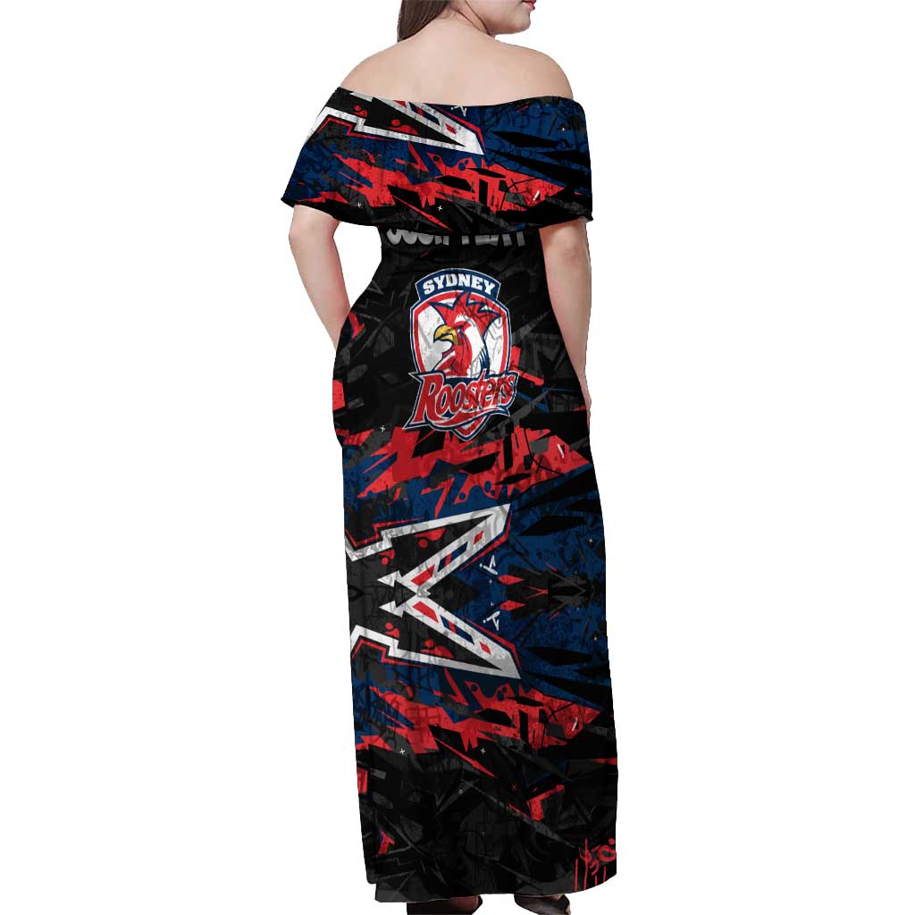 Personalized Sydney Roosters Off Shoulder Maxi Dress Graffiti Grunge Abstract Urban Street Style Design