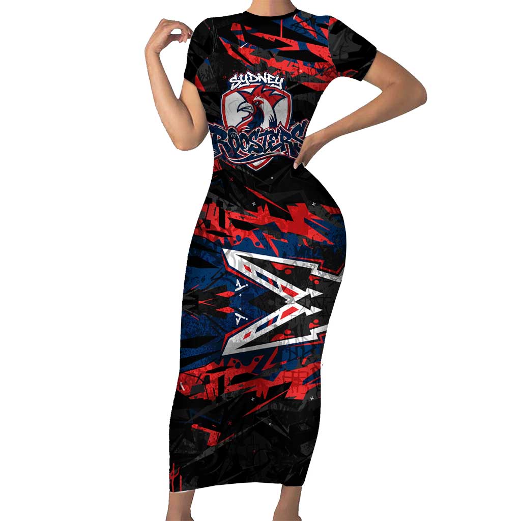 Personalized Sydney Roosters Short Sleeve Bodycon Dress Graffiti Grunge Abstract Urban Street Style Design