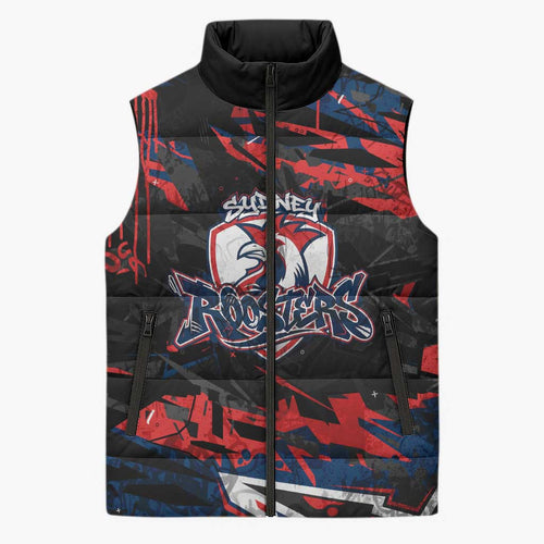 Personalized Sydney Roosters Sleeveless Puffer Jacket Graffiti Grunge Abstract Urban Street Style Design
