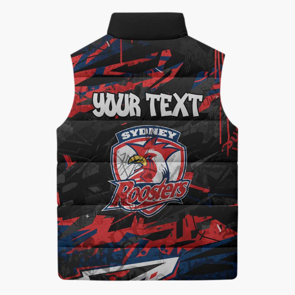 Personalized Sydney Roosters Sleeveless Puffer Jacket Graffiti Grunge Abstract Urban Street Style Design
