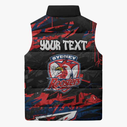 Personalized Sydney Roosters Sleeveless Puffer Jacket Graffiti Grunge Abstract Urban Street Style Design