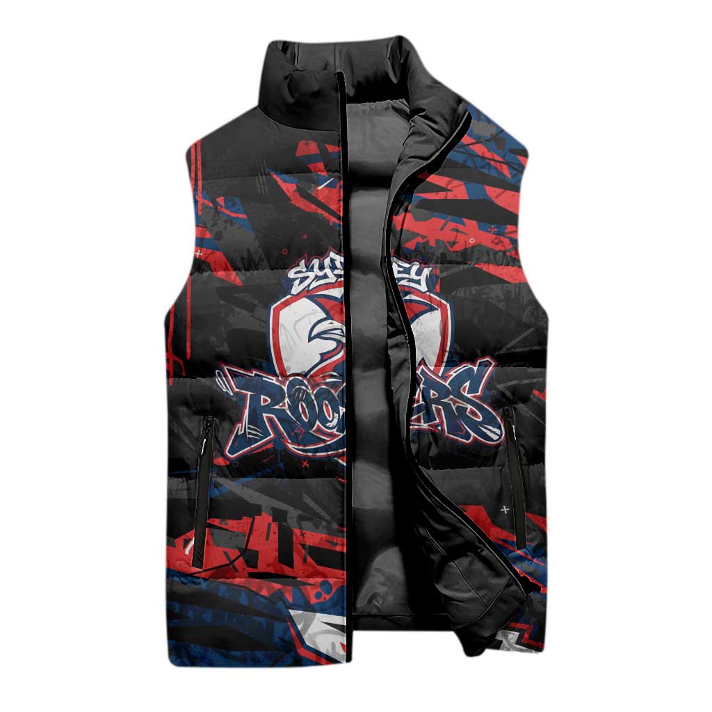 Personalized Sydney Roosters Sleeveless Puffer Jacket Graffiti Grunge Abstract Urban Street Style Design