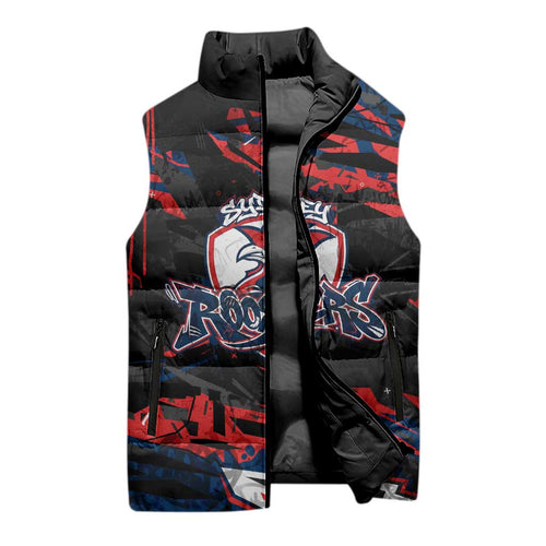 Personalized Sydney Roosters Sleeveless Puffer Jacket Graffiti Grunge Abstract Urban Street Style Design