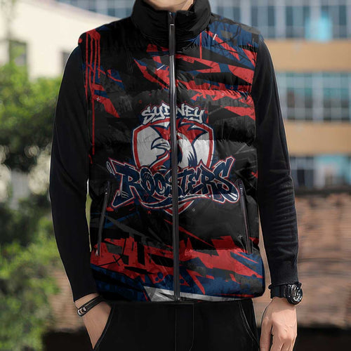 Personalized Sydney Roosters Sleeveless Puffer Jacket Graffiti Grunge Abstract Urban Street Style Design