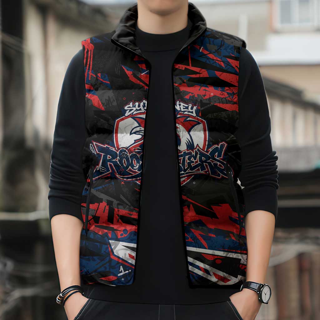 Personalized Sydney Roosters Sleeveless Puffer Jacket Graffiti Grunge Abstract Urban Street Style Design