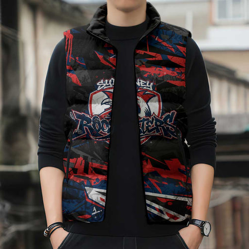 Personalized Sydney Roosters Sleeveless Puffer Jacket Graffiti Grunge Abstract Urban Street Style Design